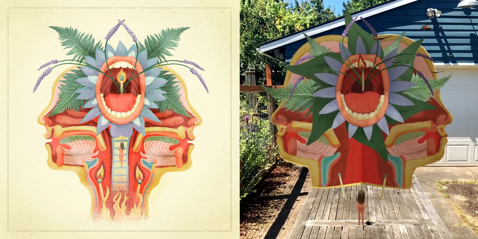 Heather Dunaway Smith: Throat Fire, the illustration and its AR layer on a deck