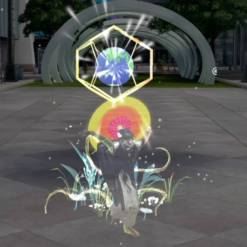 Lafiya Watson: an AR figure raising a globe in a golden prism over a plaza, with plants growing at its feet