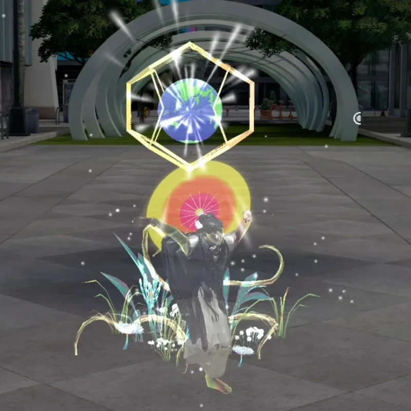 Lafiya Watson: an AR figure raising a globe in a golden prism over a plaza, with plants growing at its feet