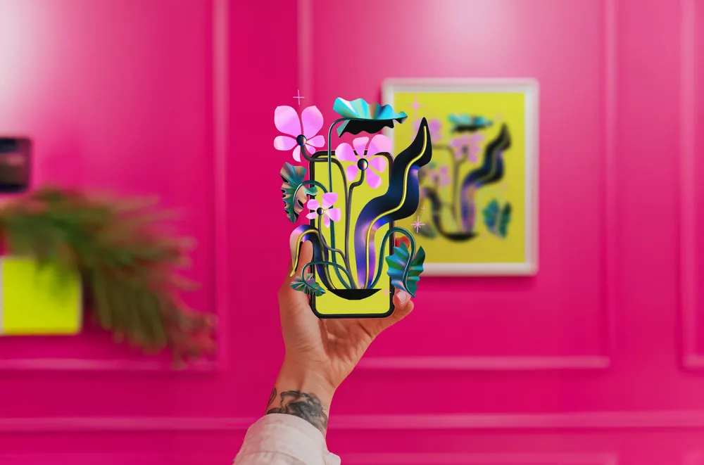 Heather Dunaway Smith’s AR print Flower Jest coming alive on a phone